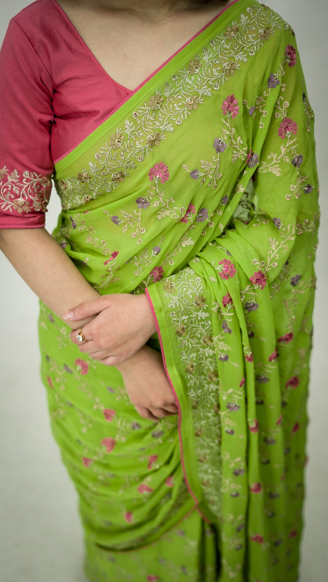 Mayila Embroidered Saree on Parrot Green Pure Silk Georgette