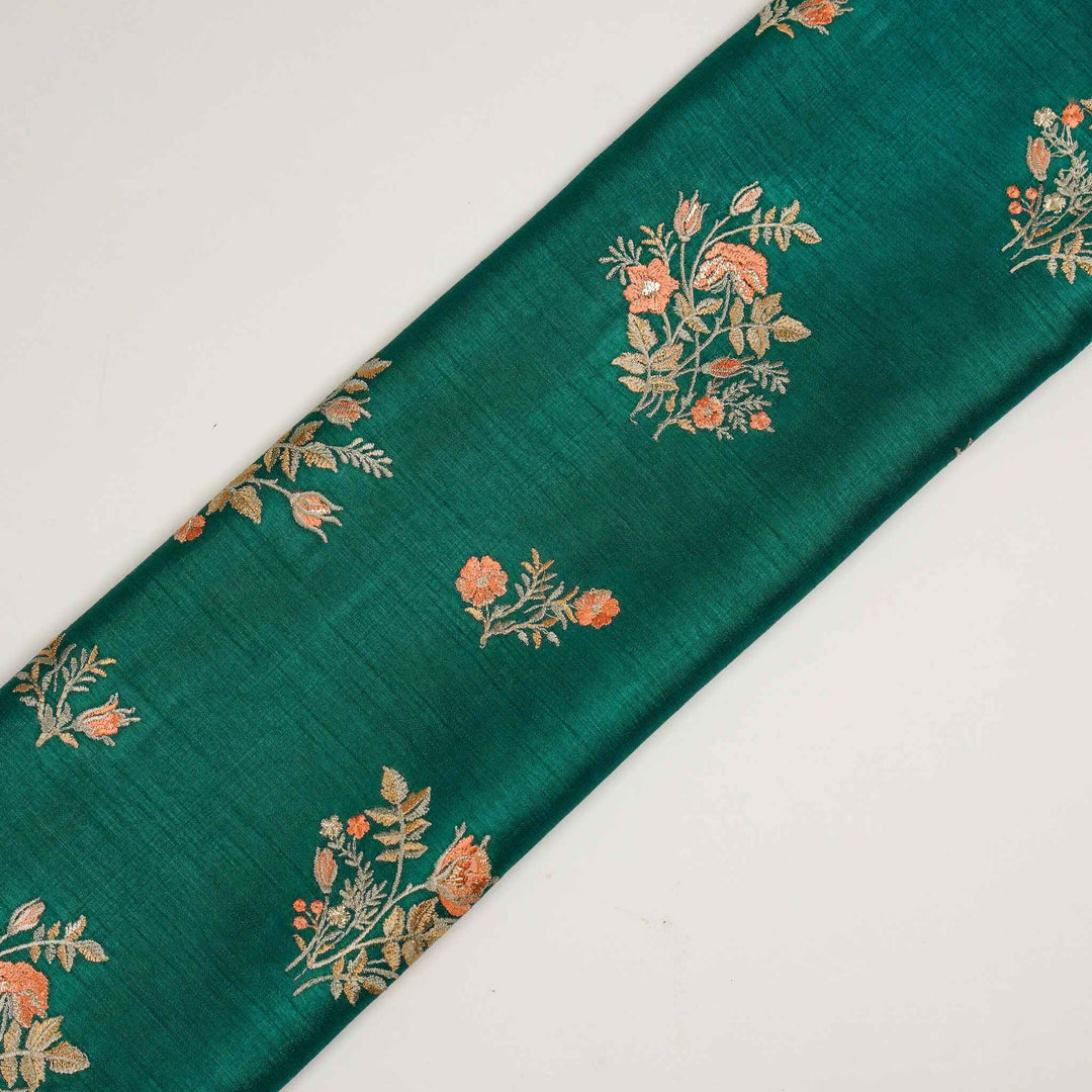 Adeeba Buta Buti Mixture on Teal Semi Raw Silk Embroidered Fabric