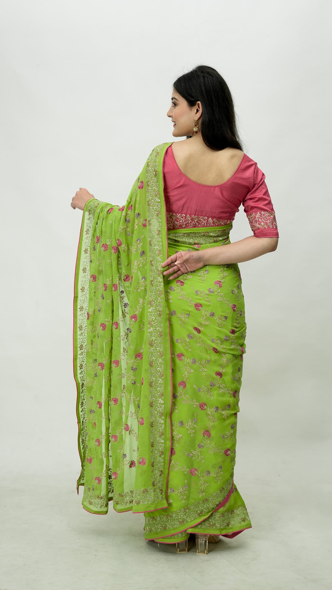 Mayila Embroidered Saree on Parrot Green Pure Silk Georgette