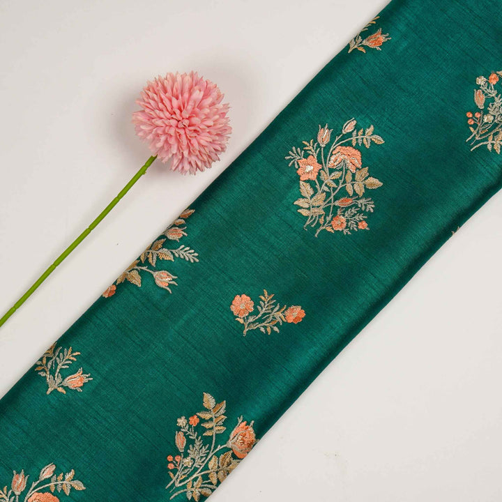 Adeeba Buta Buti Mixture on Teal Semi Raw Silk Embroidered Fabric