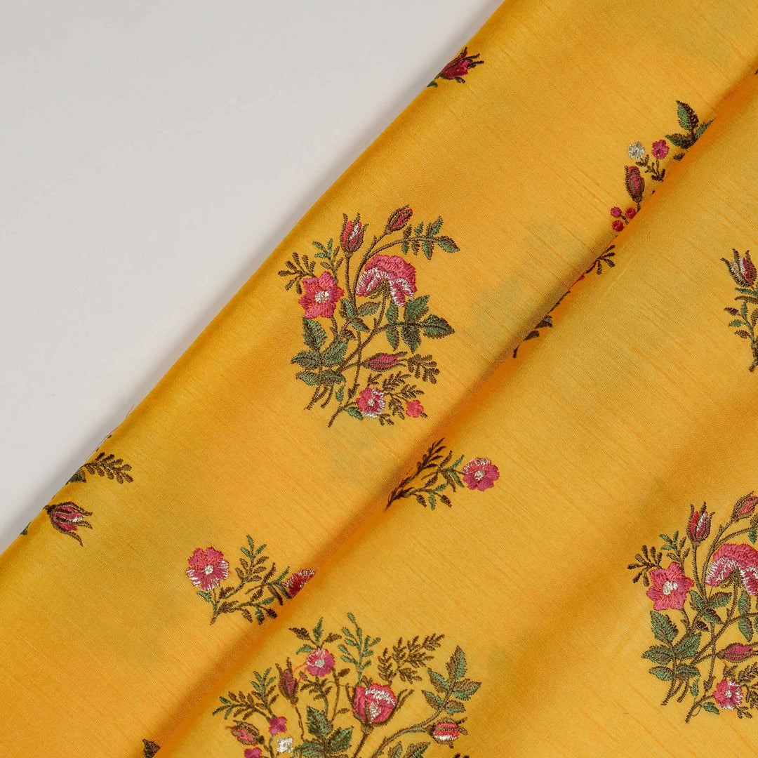 Adeeba Buta Buti Mixture on Gold Semi Raw Silk Embroidered Fabric