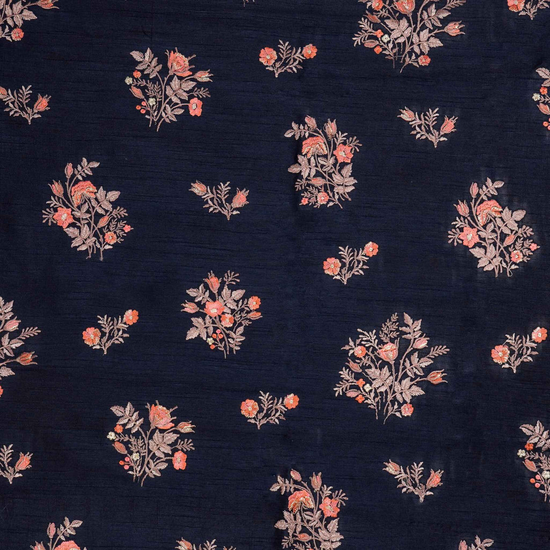 Adeeba Buta Buti Mixture on Navy Blue Semi Raw Silk Embroidered Fabric