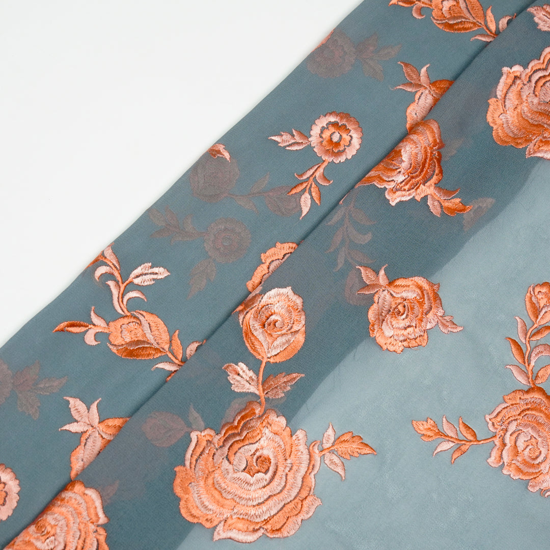 Ruma Rose Buta on Steel Grey Silk Georgette Embroidered Fabric