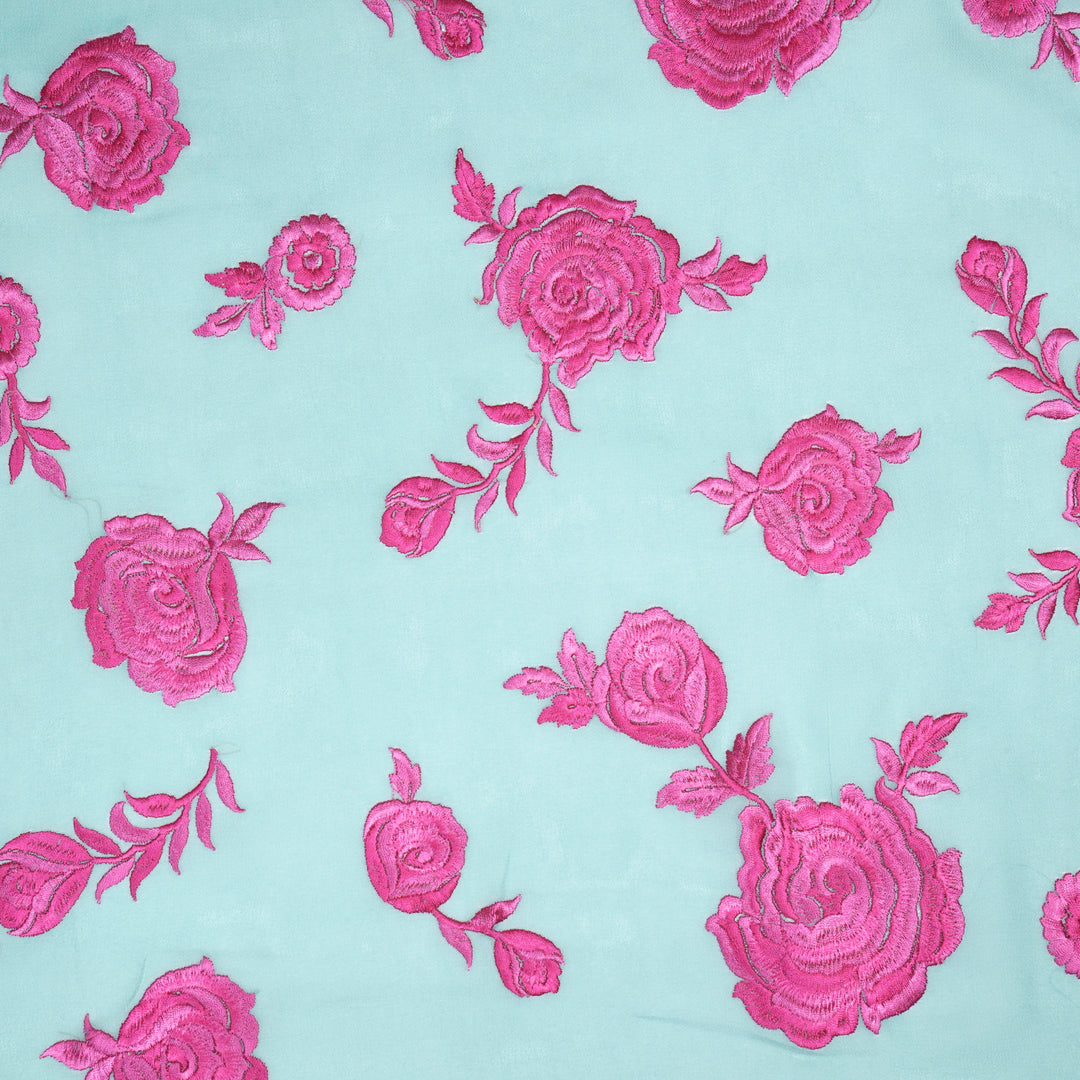 Ruma Rose Buta on Dusky Turquoise Silk Georgette Embroidered Fabric