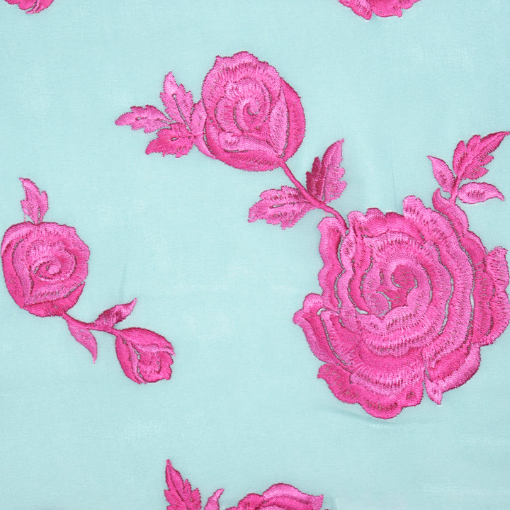 Ruma Rose Buta on Dusky Turquoise Silk Georgette Embroidered Fabric