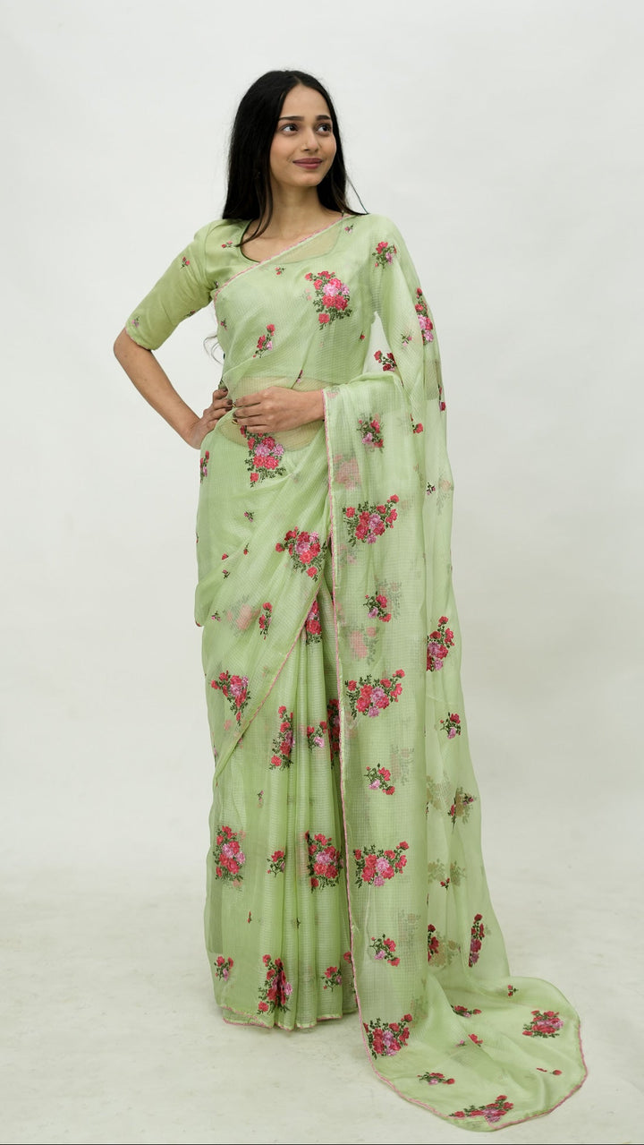 Ruma Embroidered Saree on Pista Silk Kota