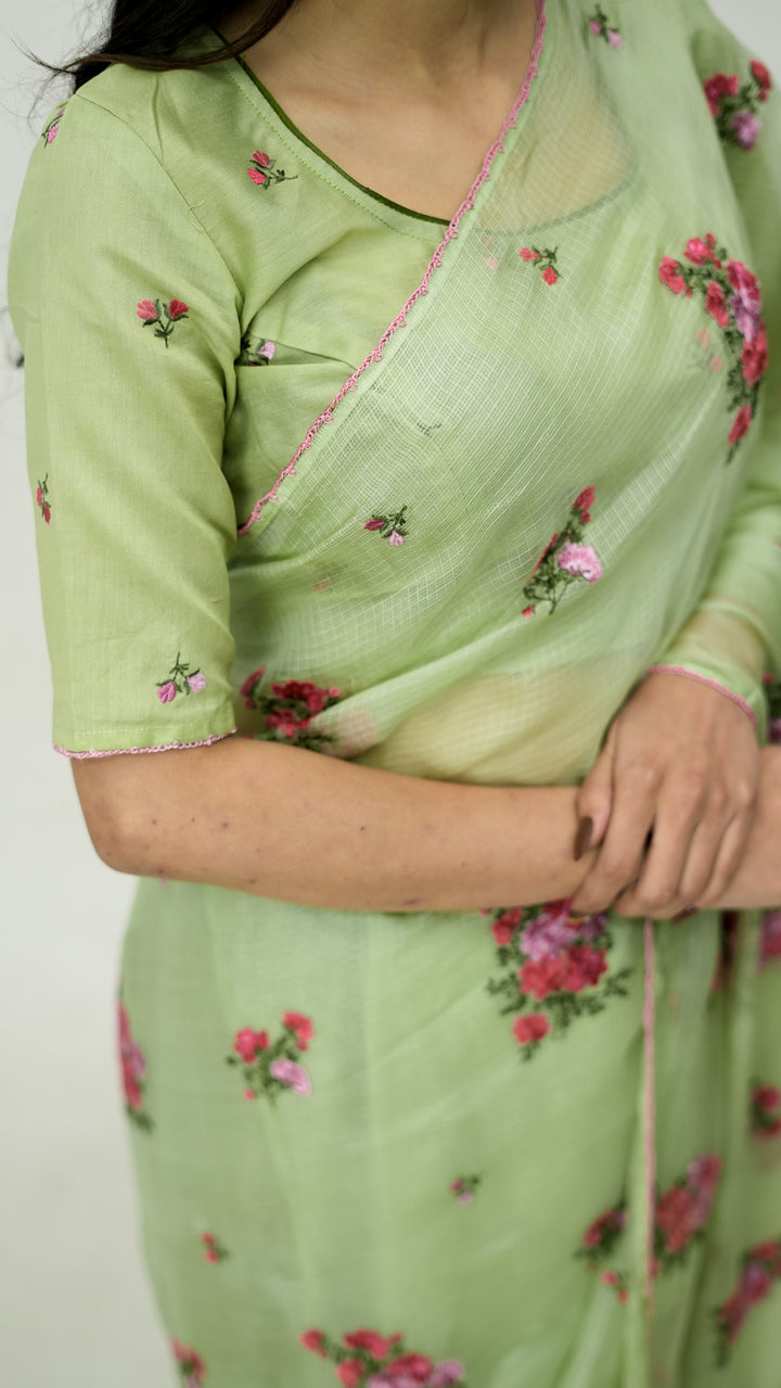 Ruma Embroidered Saree on Pista Silk Kota