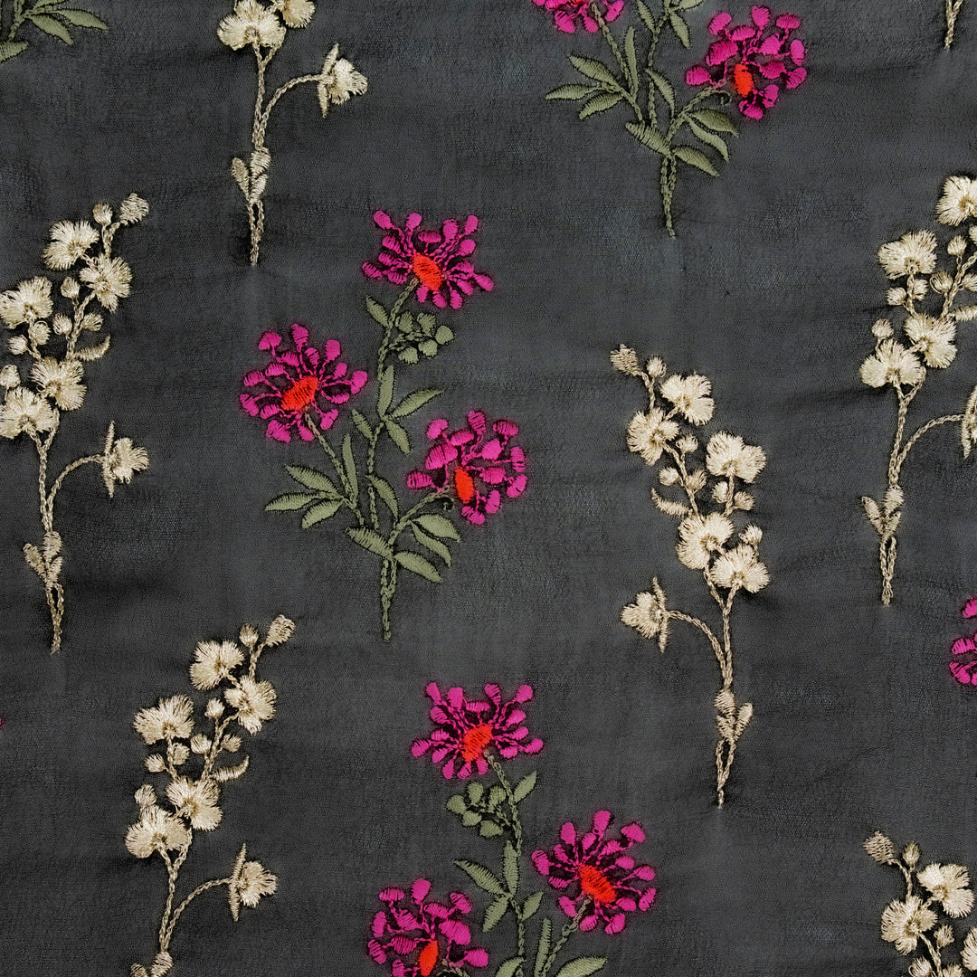 Mihika Floral Buta on Black Silk Georgette Embroidered Fabric