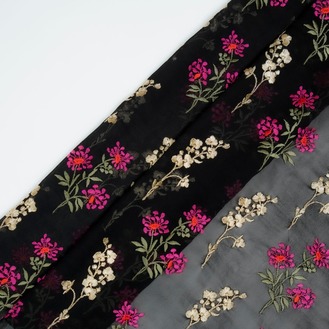 Mihika Floral Buta on Black Silk Georgette Embroidered Fabric