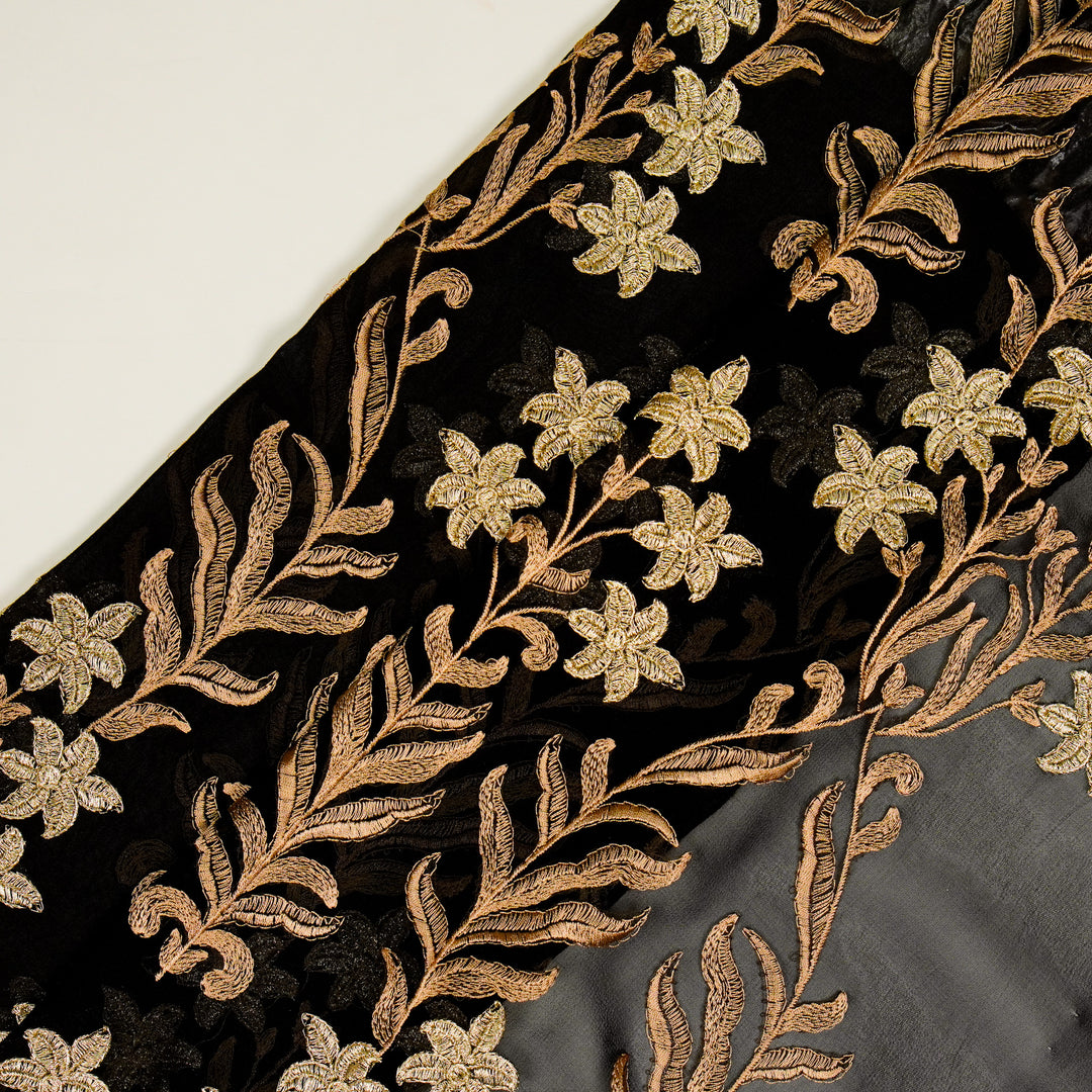 Dalisha Jaal on Black Semi Georgette Embroidered Fabric