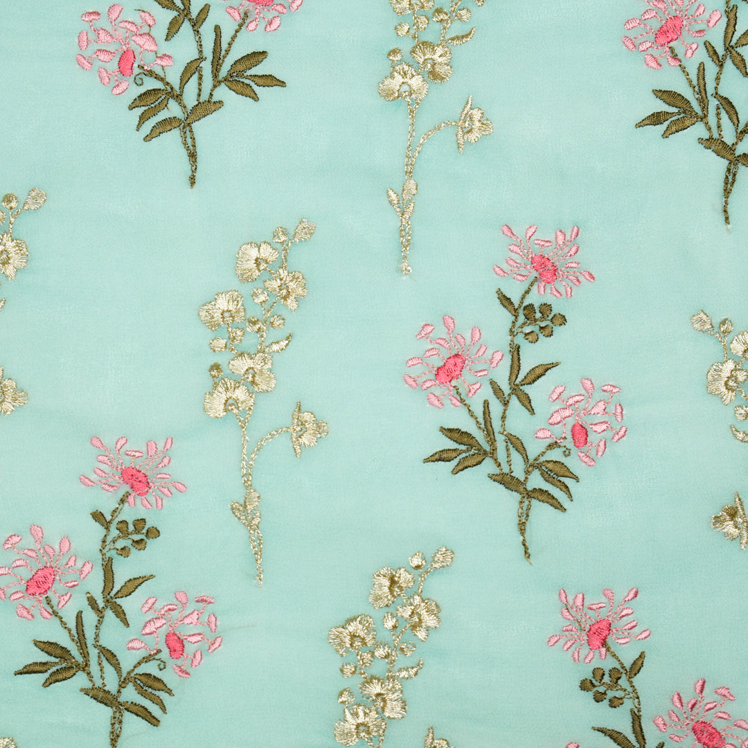 Mihika Floral Buta on Dusky Turquoise Silk Georgette Embroidered Fabric