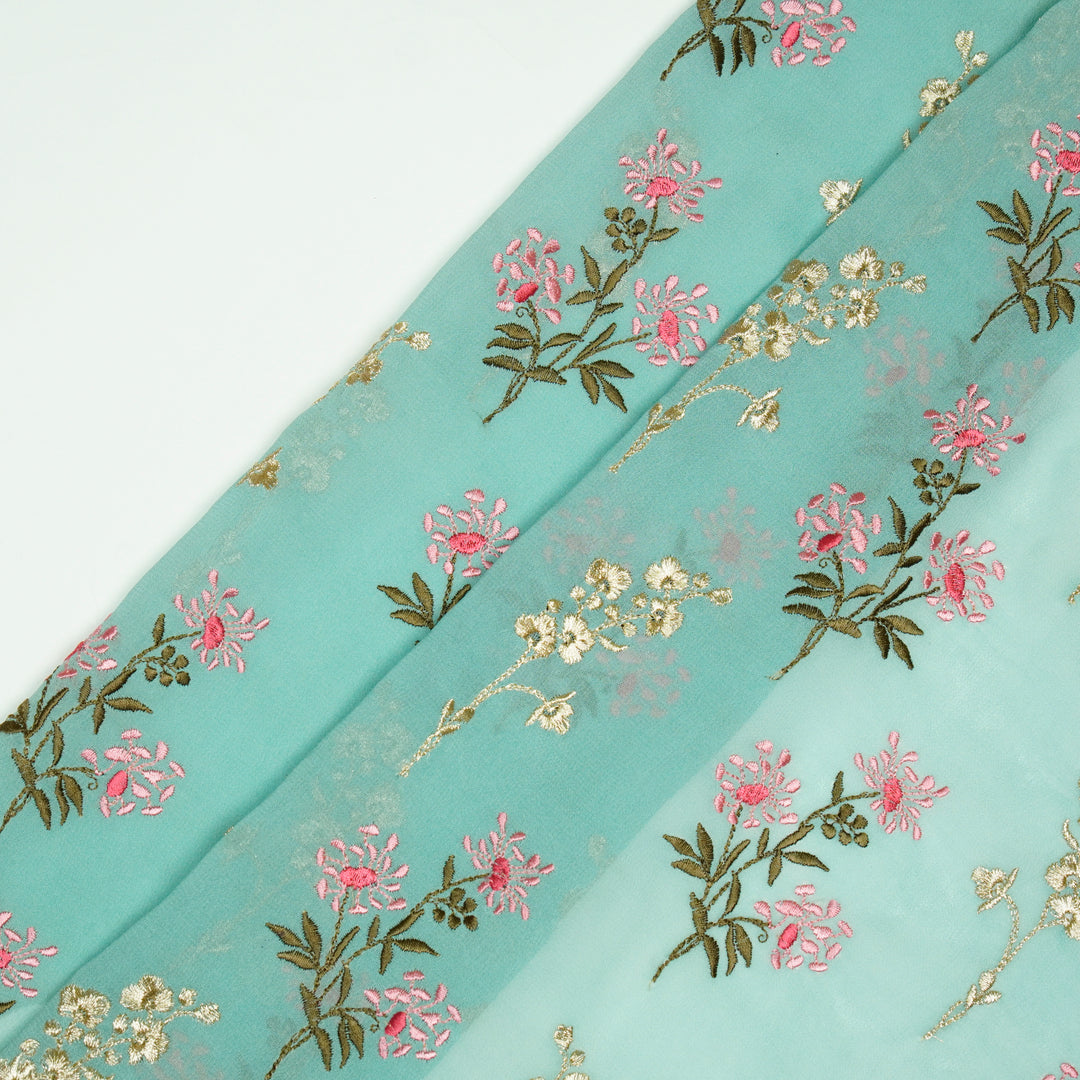 Mihika Floral Buta on Dusky Turquoise Silk Georgette Embroidered Fabric