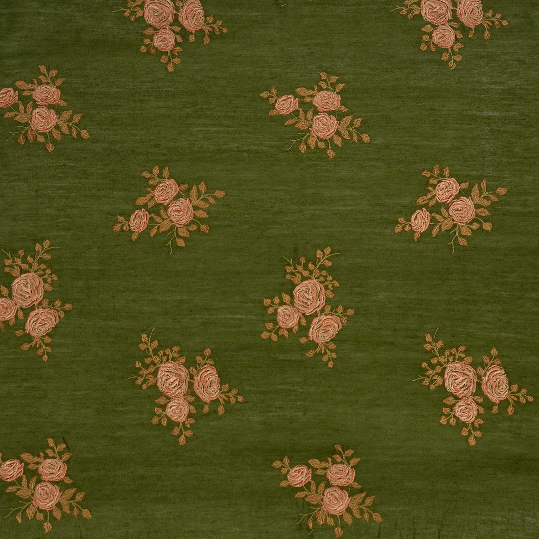 Ruba Buta on Dark Olive Green Munga Silk Embroidered Fabric
