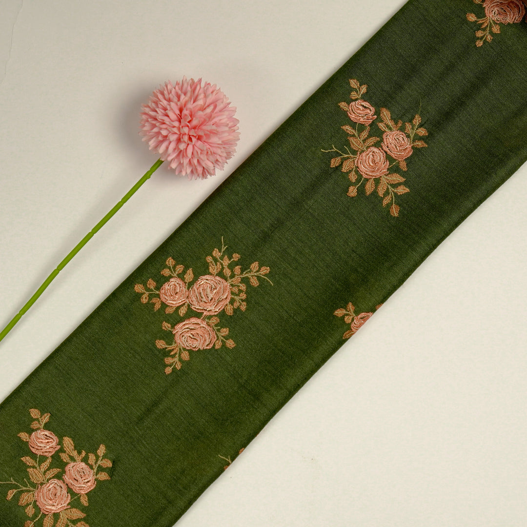 Ruba Buta on Dark Olive Green Munga Silk Embroidered Fabric