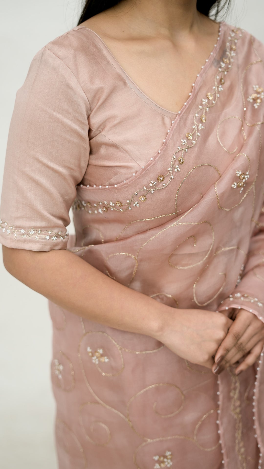 Vanya Embroidered Saree on Blush Pure Silk Organza