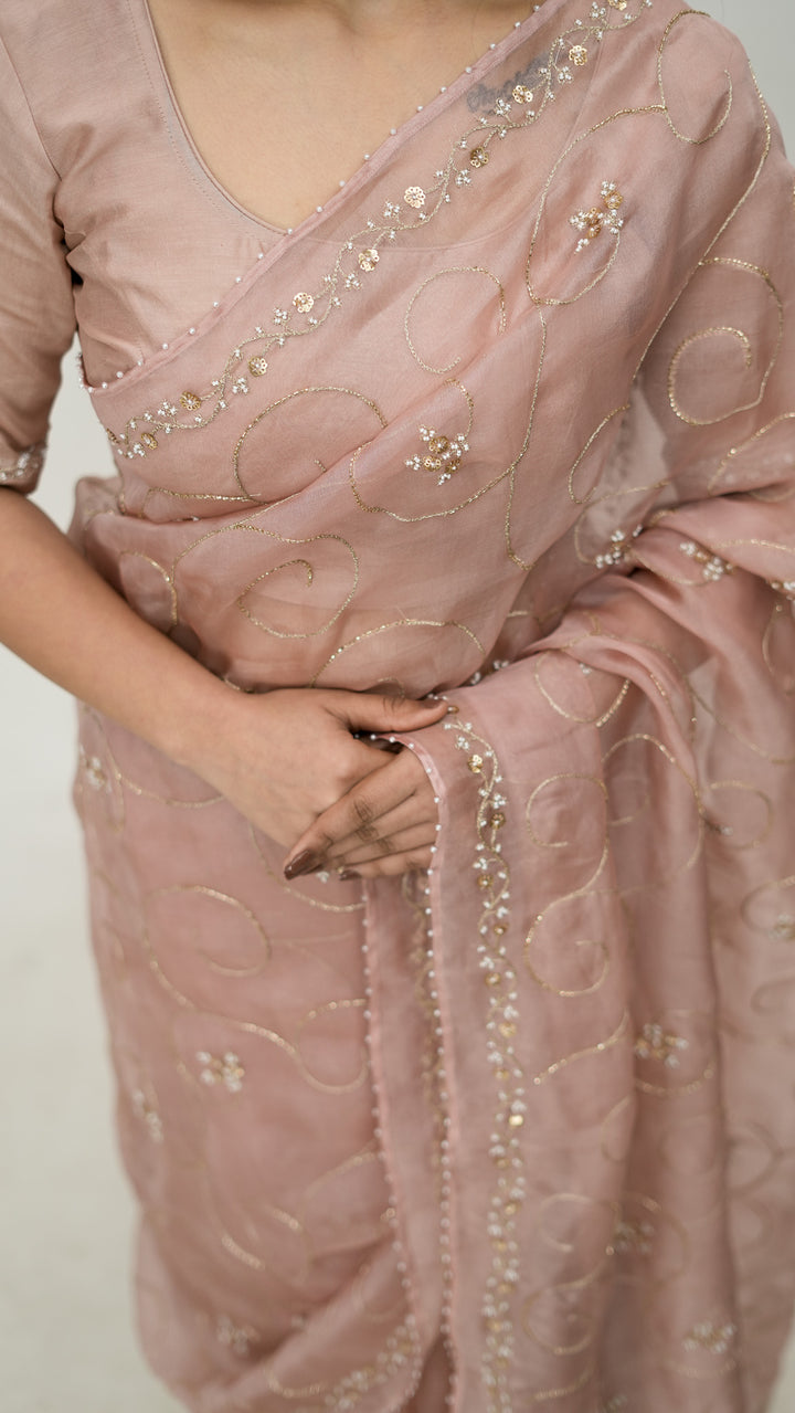 Vanya Embroidered Saree on Blush Pure Silk Organza