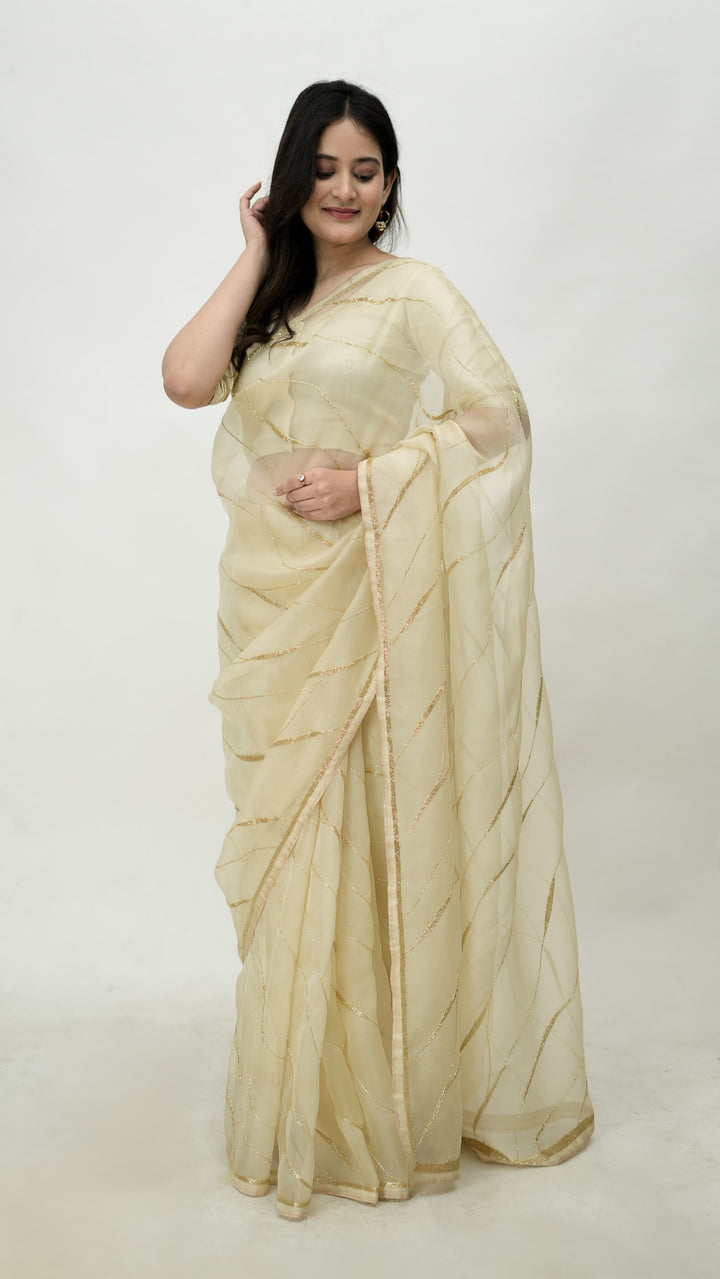 Sayonee Embroidered Saree on Cream Pure Silk Organza
