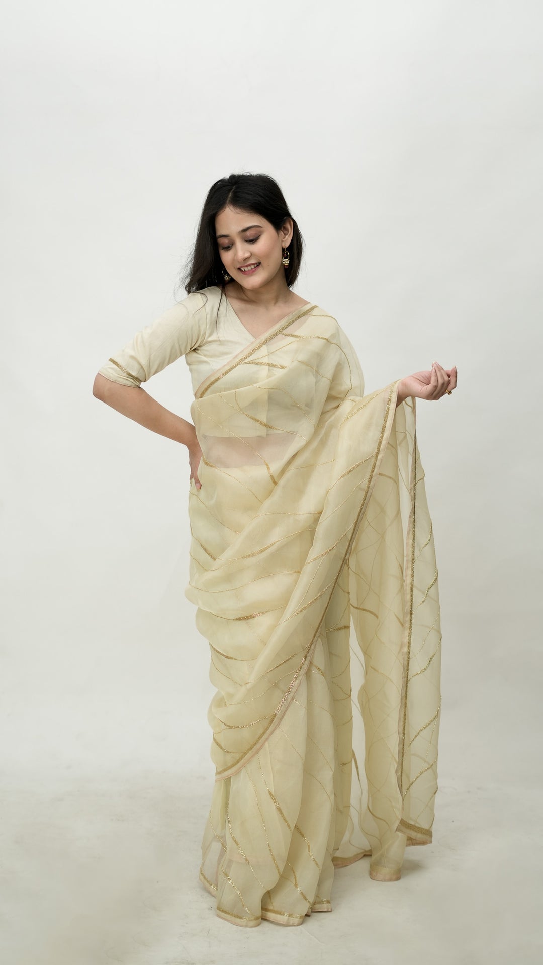Sayonee Embroidered Saree on Cream Pure Silk Organza