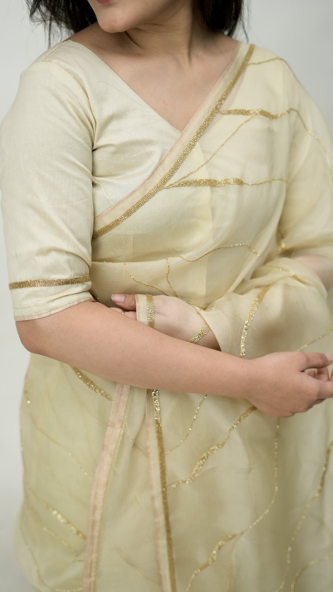 Sayonee Embroidered Saree on Cream Pure Silk Organza