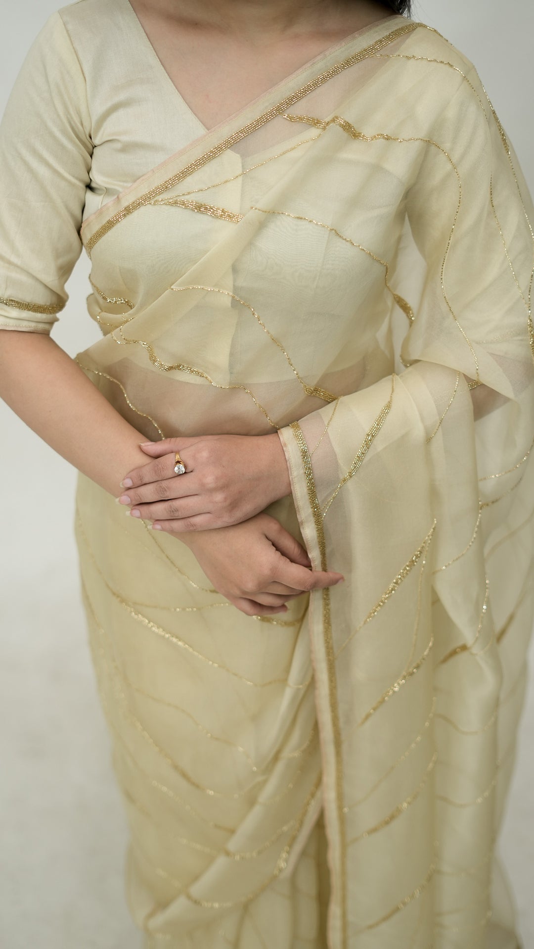 Sayonee Embroidered Saree on Cream Pure Silk Organza