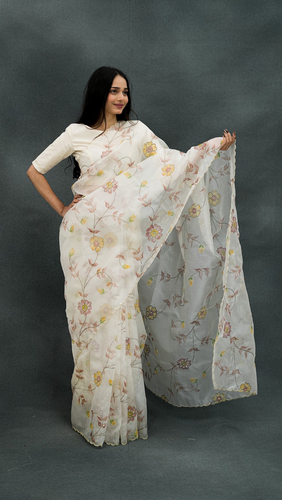 Shahana Embroidered Saree on Ivory Pure Silk Organza