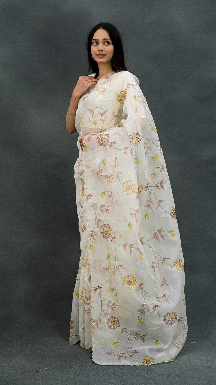 Shahana Embroidered Saree on Ivory Pure Silk Organza