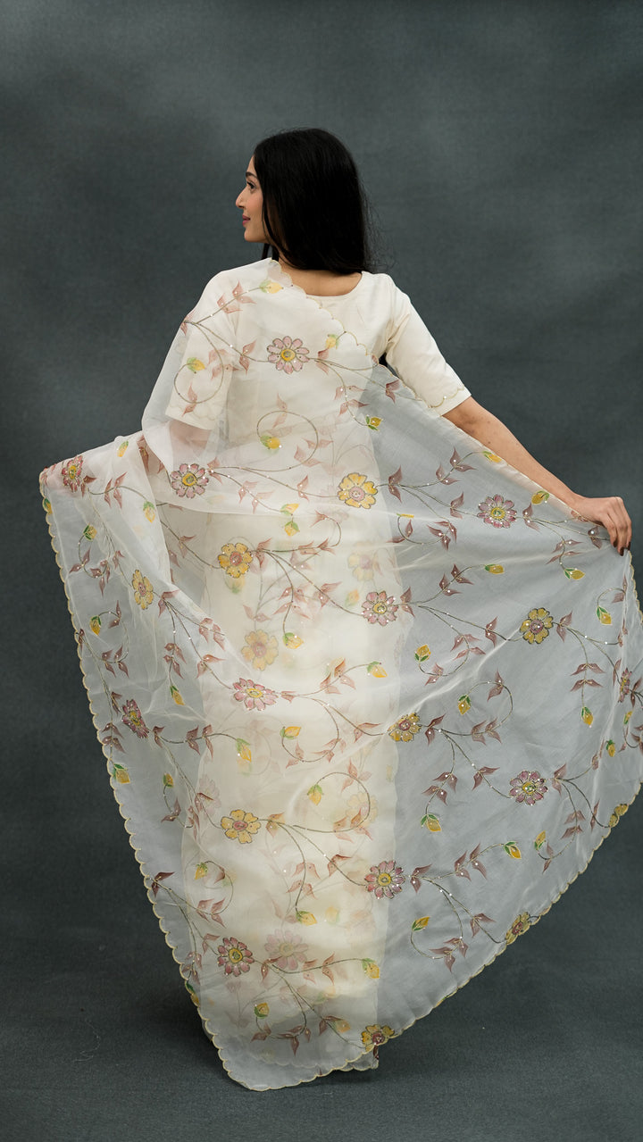 Shahana Embroidered Saree on Ivory Pure Silk Organza