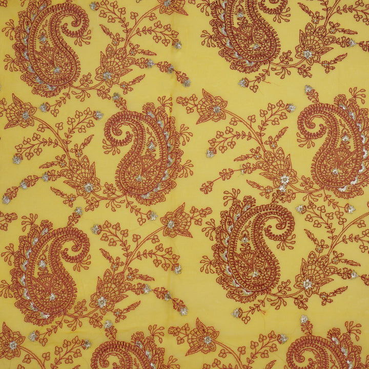 Afifa Jaal on Mustard Yellow Semi Georgette Embroidered Fabric