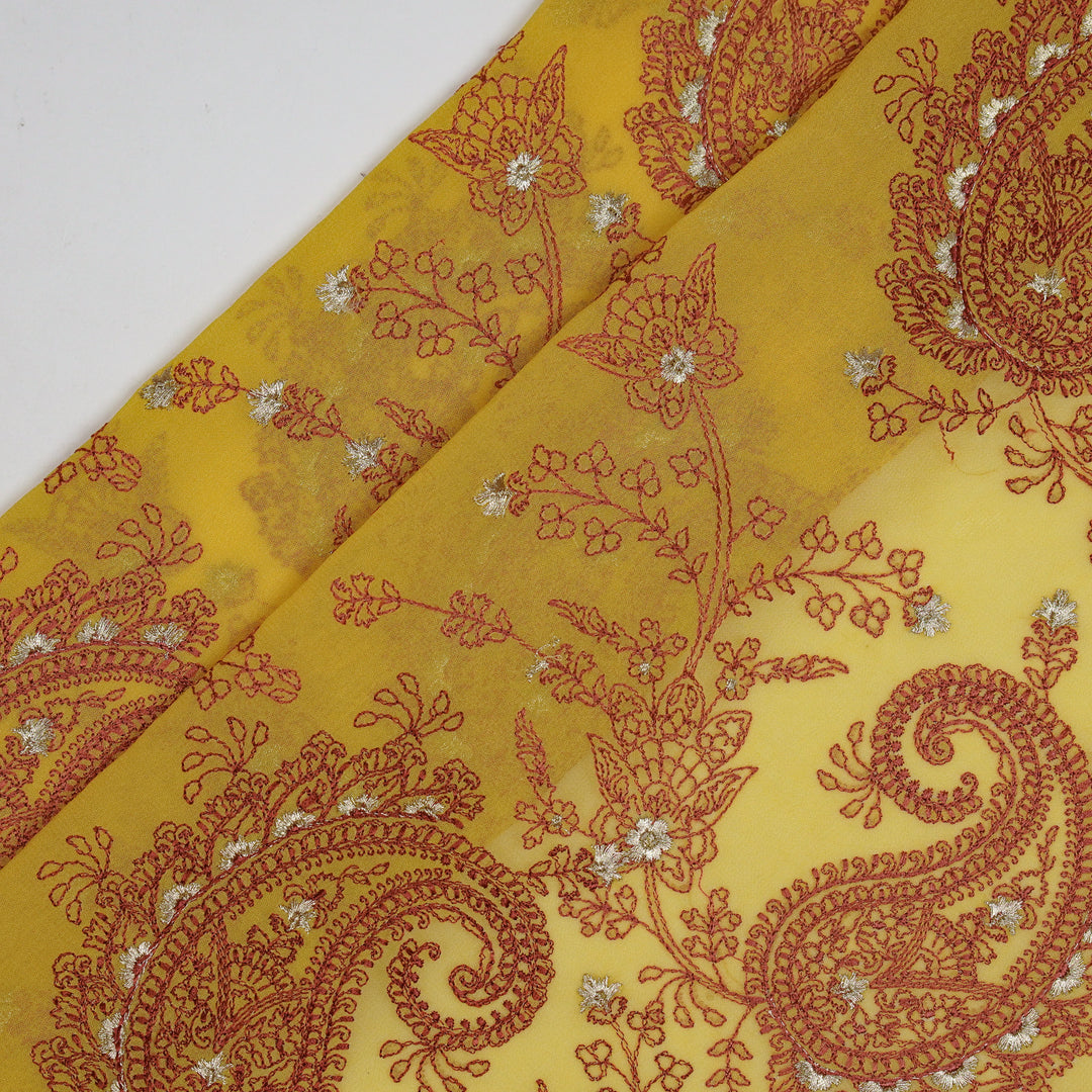 Afifa Jaal on Mustard Yellow Semi Georgette Embroidered Fabric
