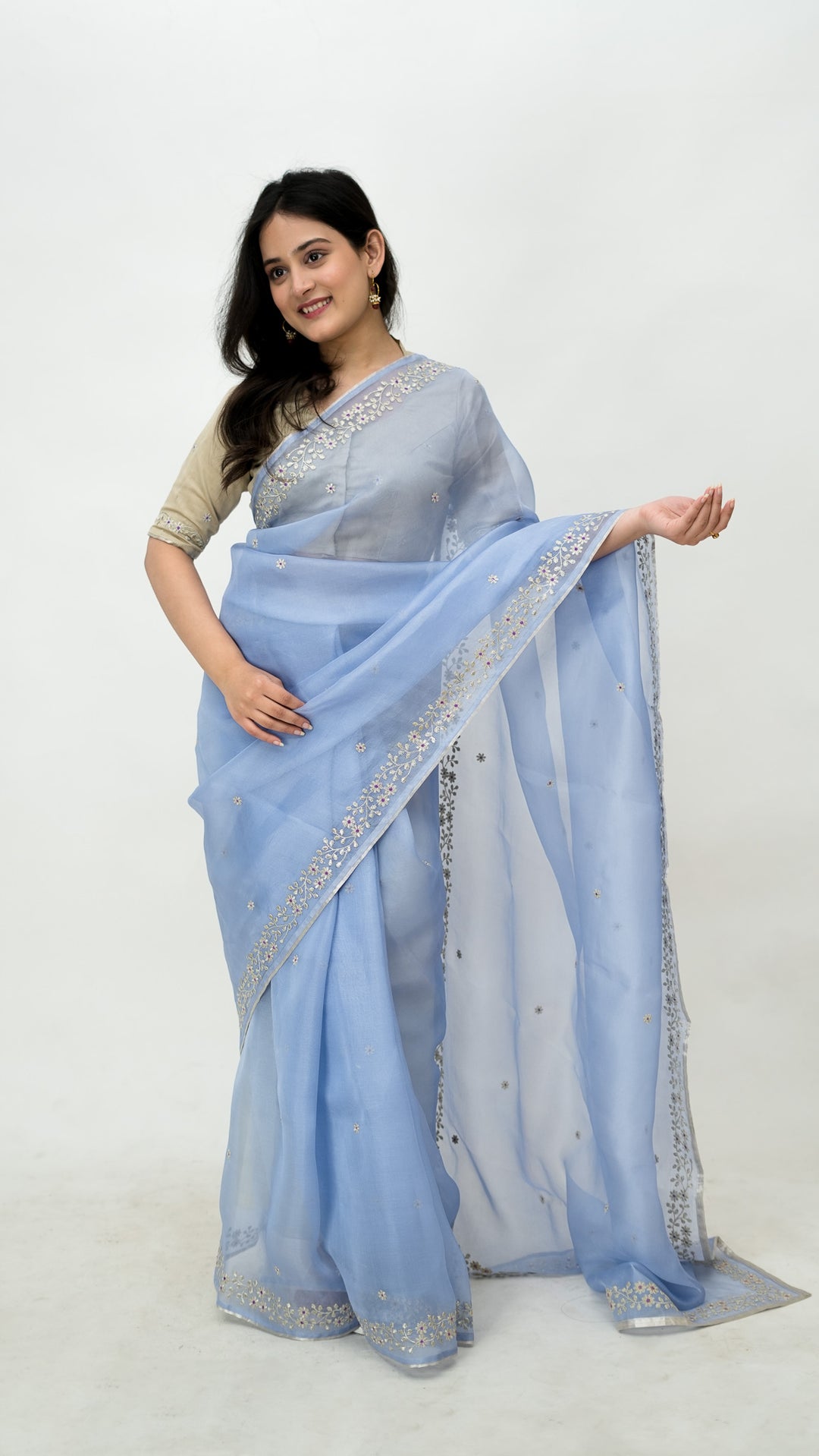 Vashti Embroidered Saree on Sky Blue Pure Silk Organza