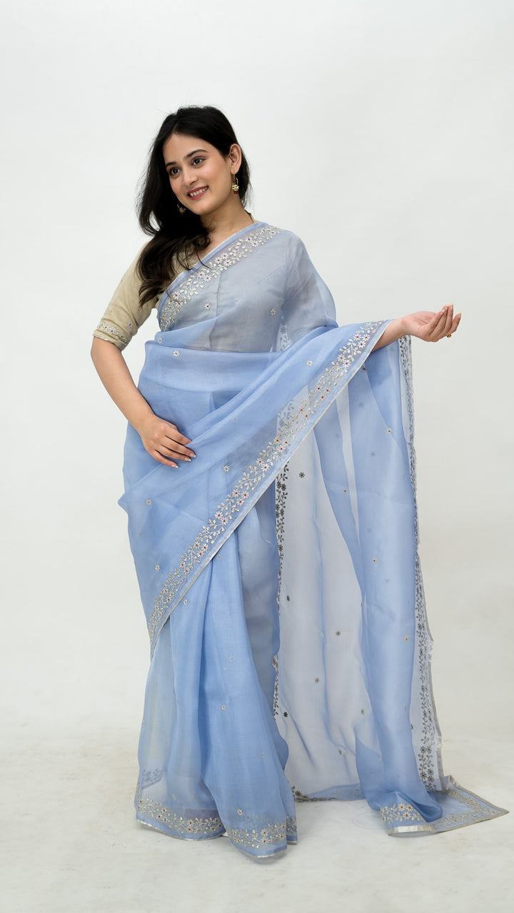 Vashti Embroidered Saree on Sky Blue Pure Silk Organza