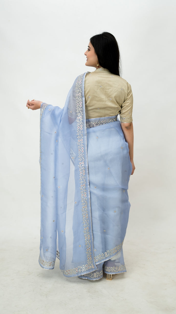 Vashti Embroidered Saree on Sky Blue Pure Silk Organza