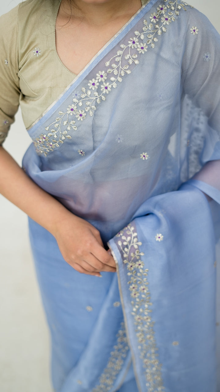 Vashti Embroidered Saree on Sky Blue Pure Silk Organza