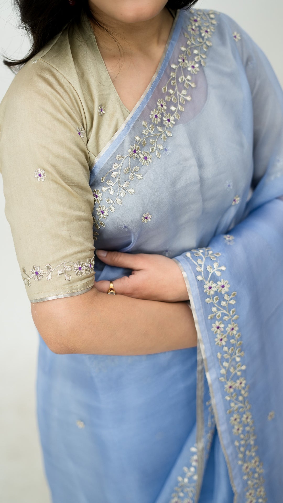 Vashti Embroidered Saree on Sky Blue Pure Silk Organza