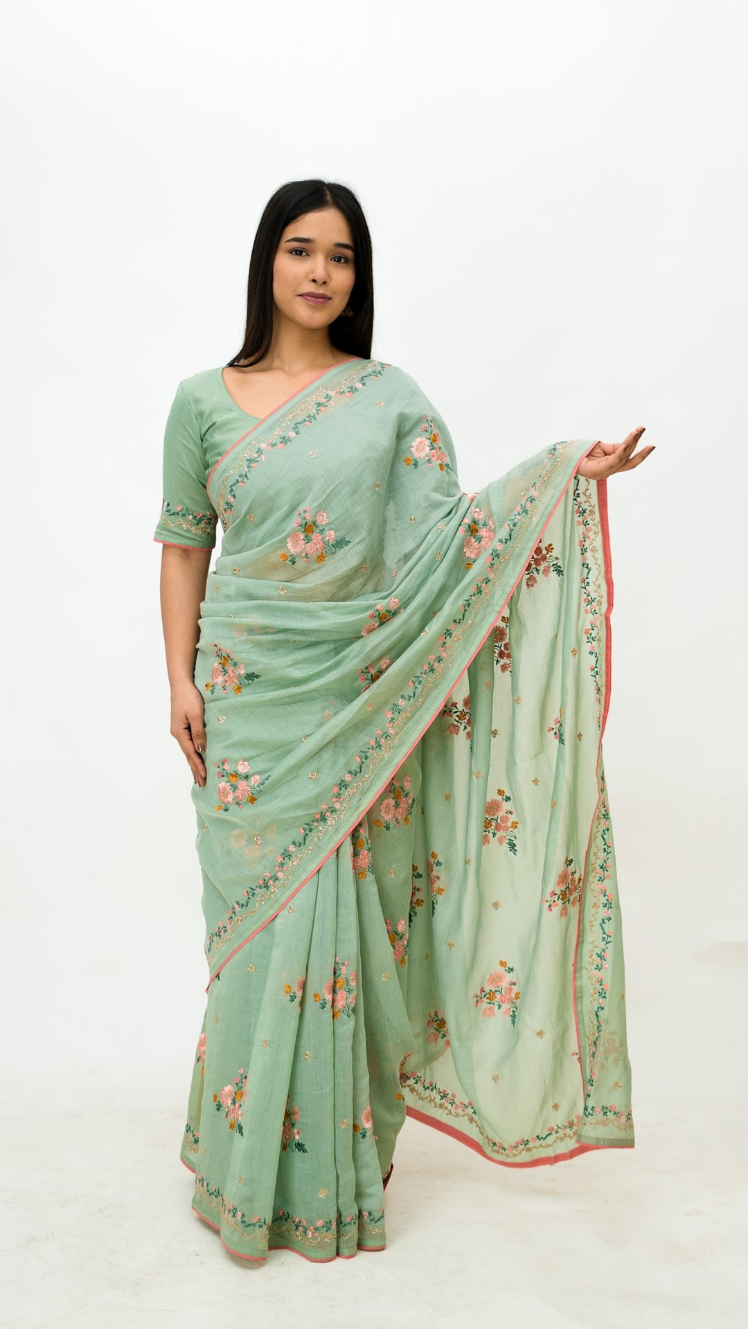 Neerangi Embroidered Saree on Light Teal Cotton Silk