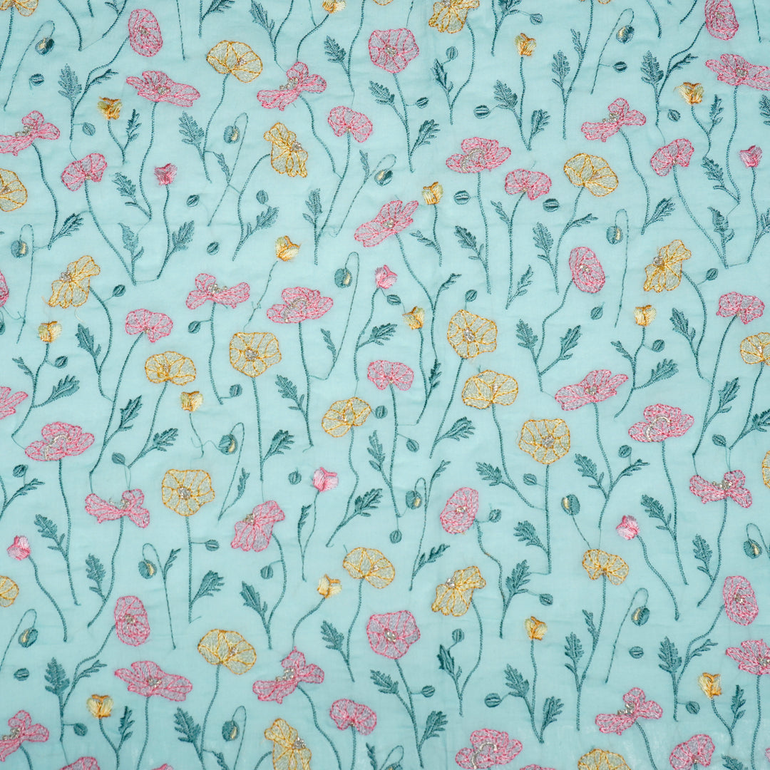 Tulika Jaal on Light Turquoise Malmal Embroidered Fabric