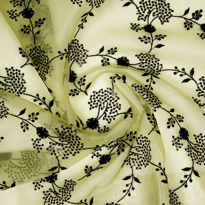 Nishika Jaal on Light Lemon Silk Organza Embroidered Fabric