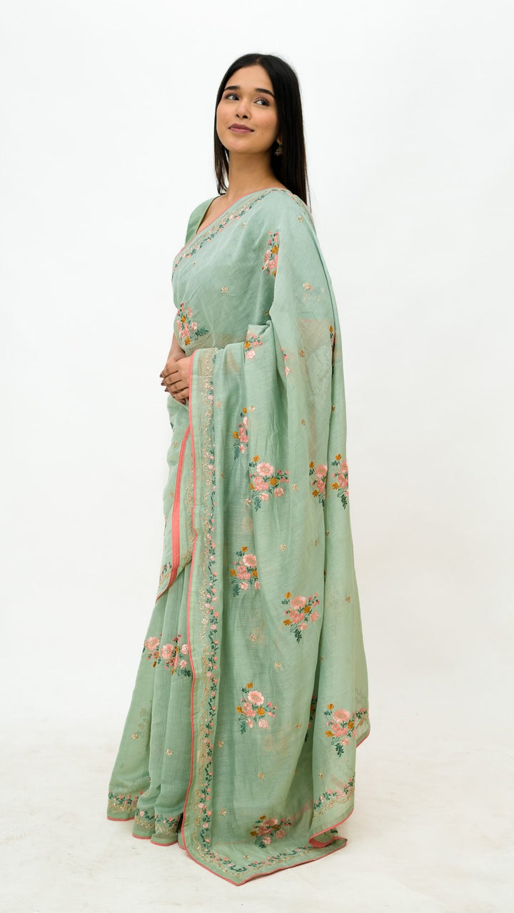 Neerangi Embroidered Saree on Light Teal Cotton Silk