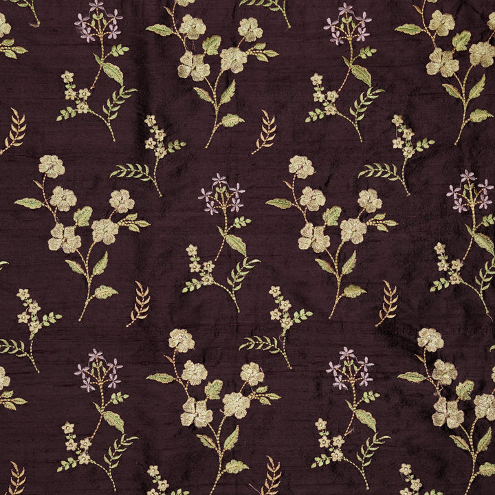 Nura Buta on Dark Aubergine Raw Silk Embroidered Fabric