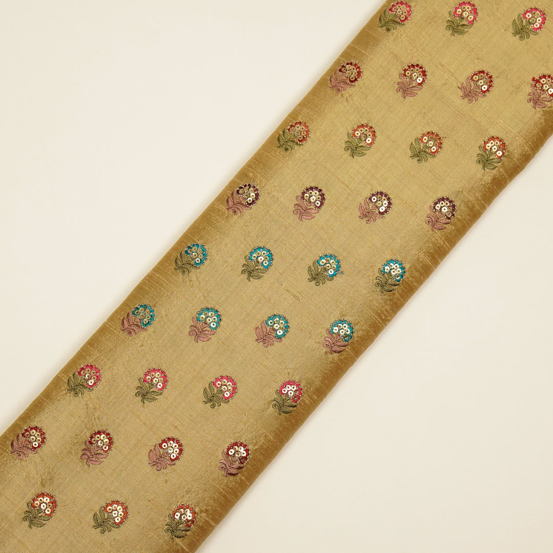 Gulfi Buti on Dark Beige Raw Silk Embroidered Fabric