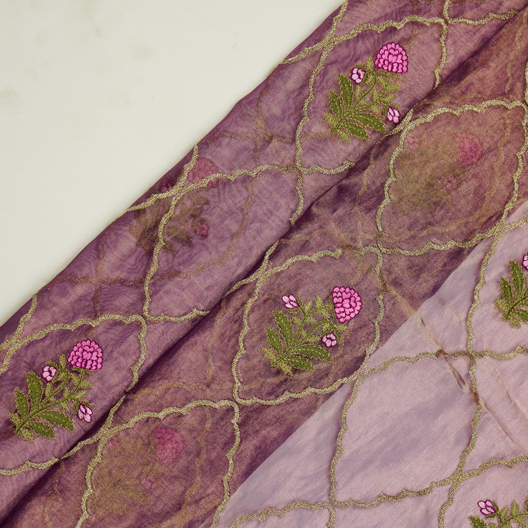 Nasreen Jaal on Deep Mauve Silk Tissue  Embroidered Fabric