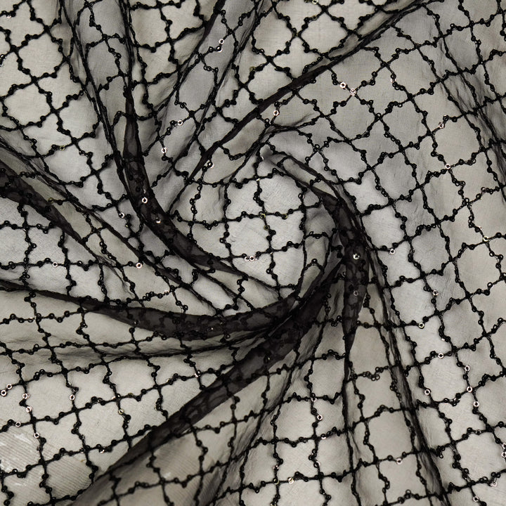 Gehena Sequins Jaal on Black Imported Silk Organza Embroidered Fabric