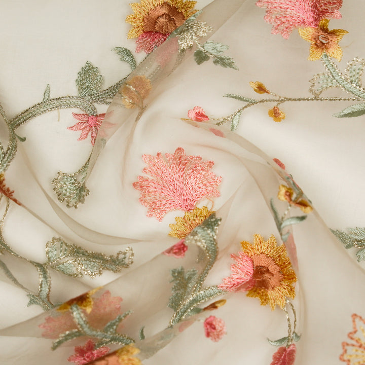 Riha Jaal on Ecru Imported Silk Organza Embroidered Fabric