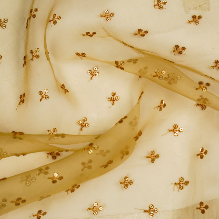 Sunheri Buti on Dusky Gold Imported Silk Organza Embroidered Fabric