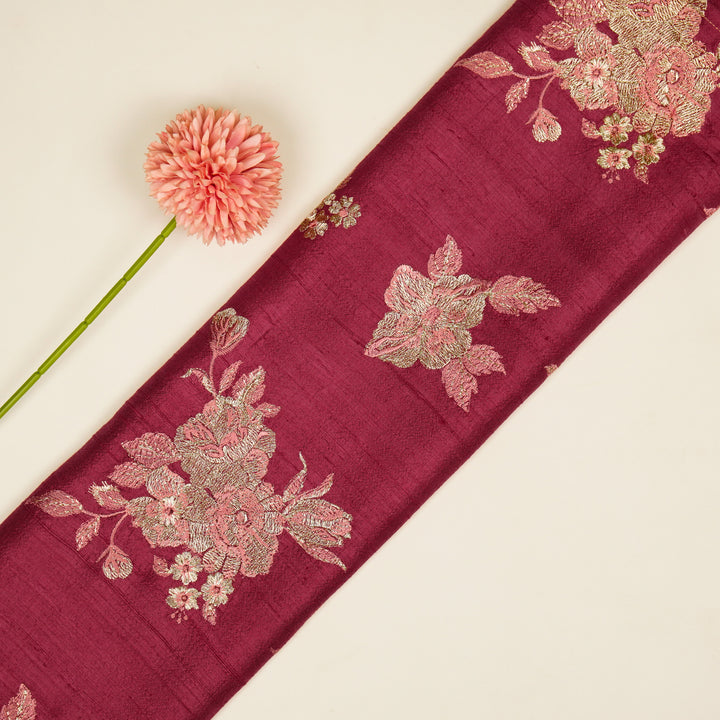 Taru Buta on Dusky Fuxia Raw Silk Embroidered Fabric