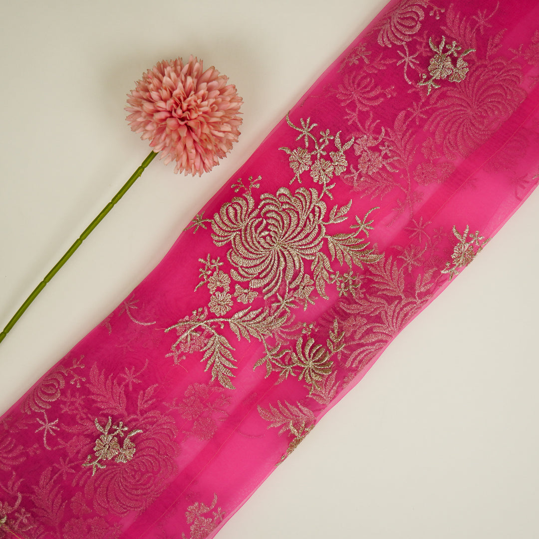 Zaraf Buta on Hot Pink Silk Organza Embroidered Fabric