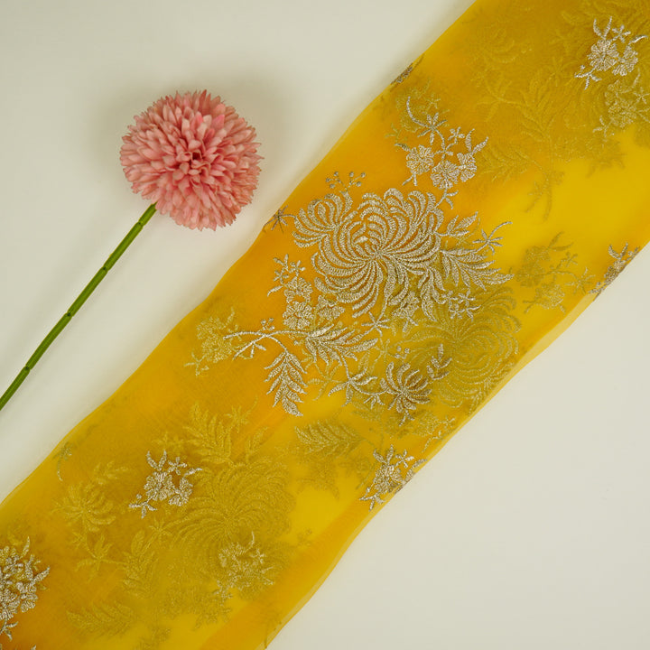 Zaraf Buta on Yellow Silk Organza Embroidered Fabric