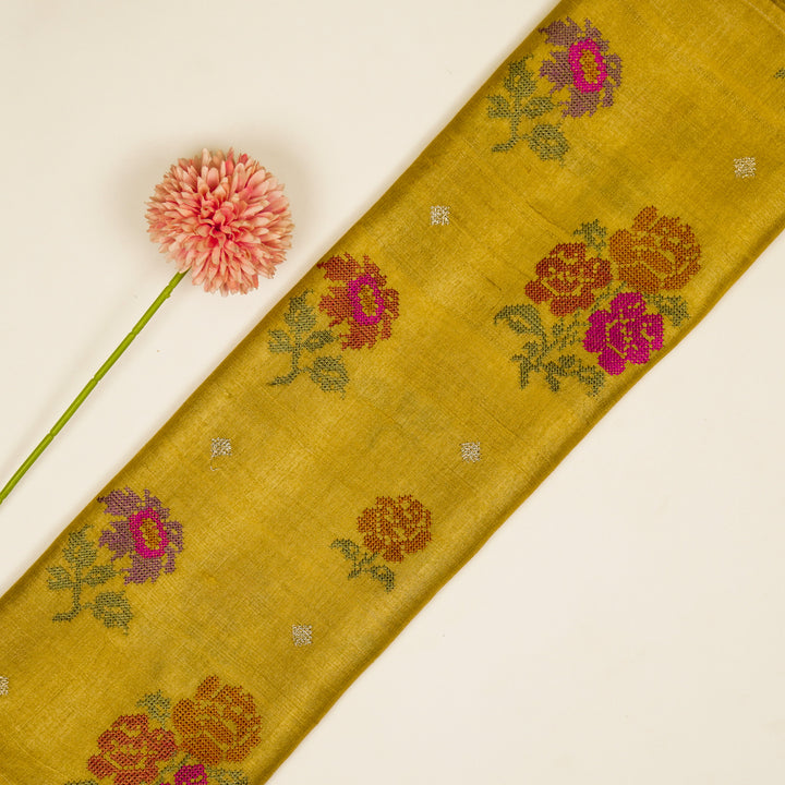 Noorain Buta On Gold Tussar Silk Embroidered Fabric