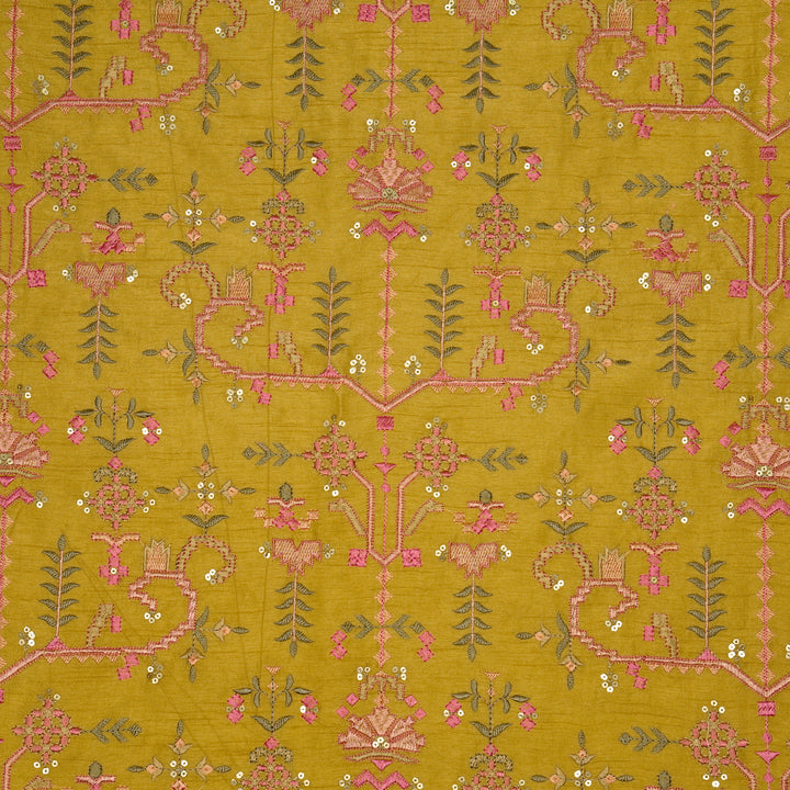 ilaaya Jaal on Gold Semi Raw Silk Embroidered Fabric