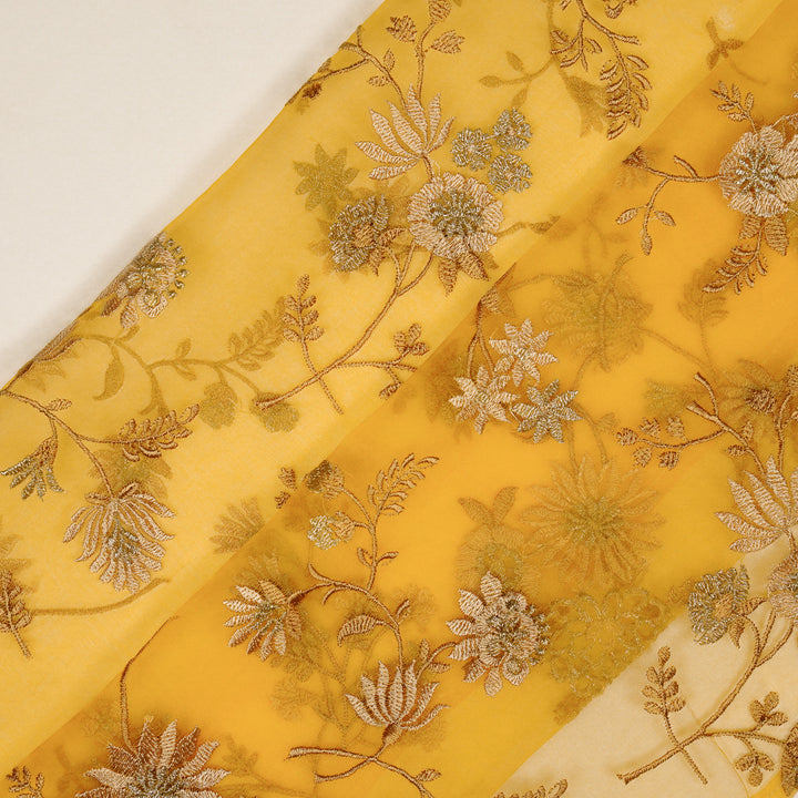 Komal Buta on Gold Silk Organza Embroidered Fabric